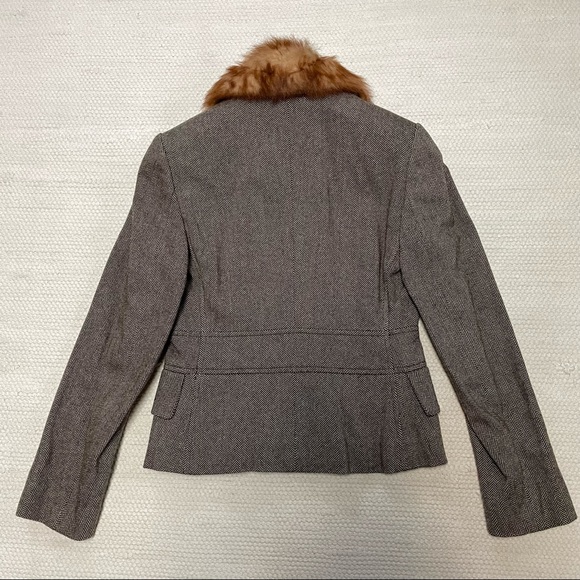 Banana Republic Brown Herringbone Blazer Jacket Removable Fur Collar Size 0P - Picture 5 of 10